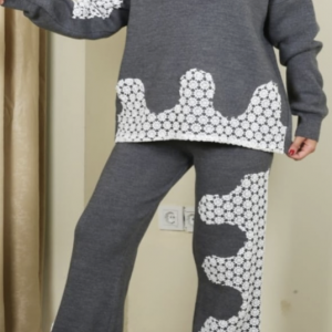 Charcoal Grey & white Two-piece Knitted Loungewear Casual Set