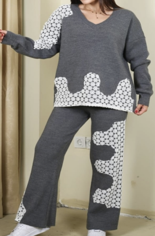 Charcoal Grey & white Two-piece Knitted Loungewear Casual Set