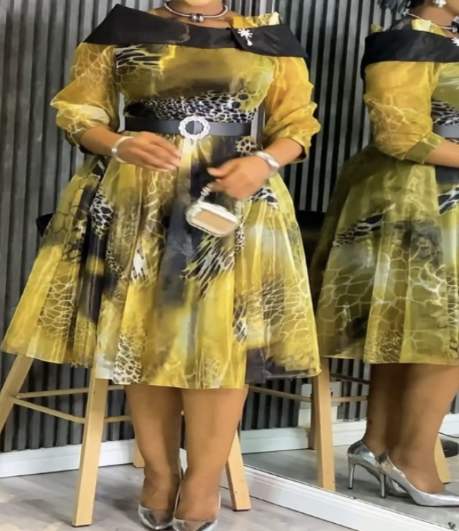 Elegant Yellow & Black Animal Print Dress